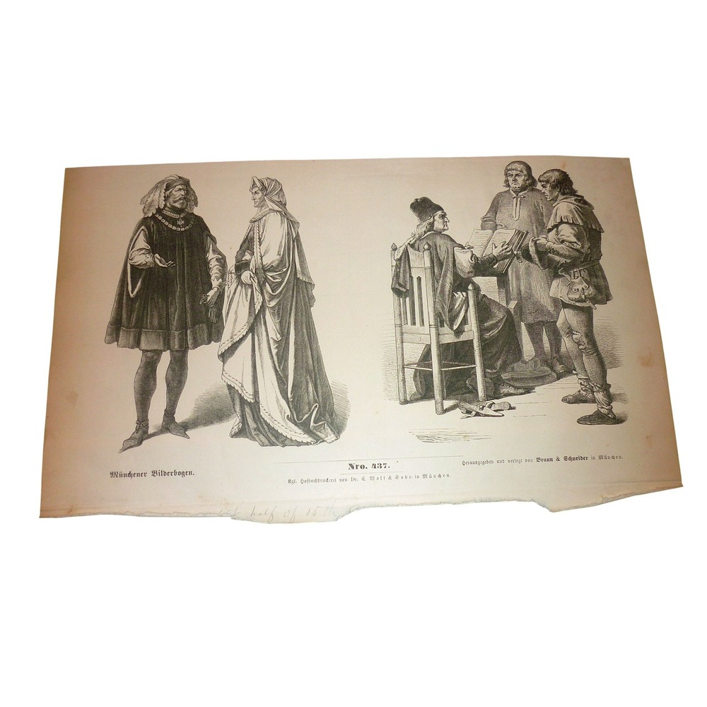 Antique Munchener Bilderbogen 437 German Costume Woodcut Braun Schneider Print